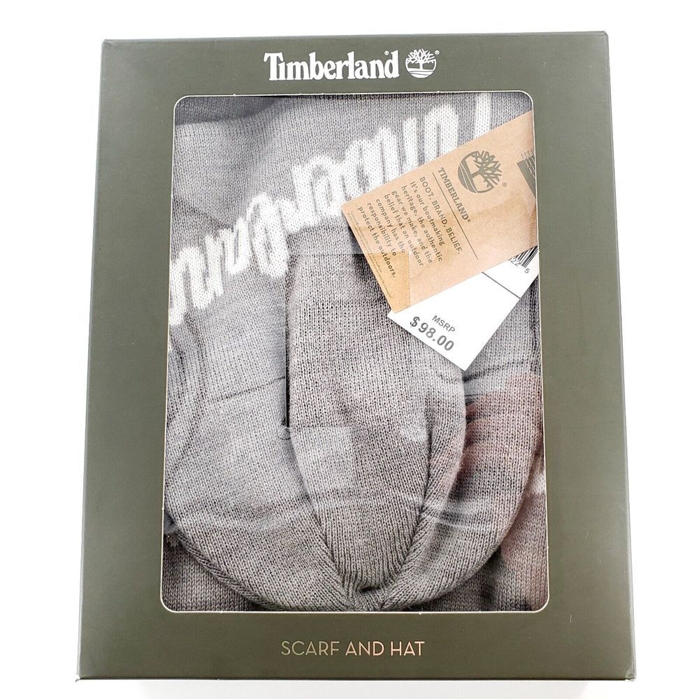 Timberland Jacquard Scarf & Hat Set Gray/White Brand New w/ Tag Open Box NWT $98